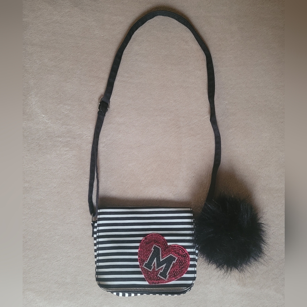 Justice Girl Small Black/White Striped Red Sequin Heart w/Letter "M" w/Pompom